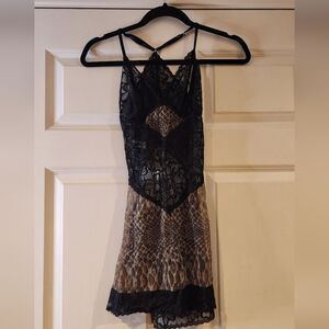 Mapale black and tan lace stretchy lingerie mini dress M